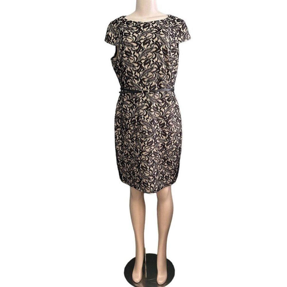 ALYX Lace Pattern Black and Cream Cap Sleeve Belted Knee Length Dress Plus 16